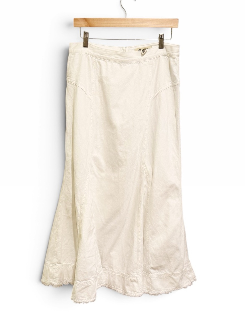 Madewell White Denim Maxi Skirt Paneled Trumpet Flare Frayed Hem